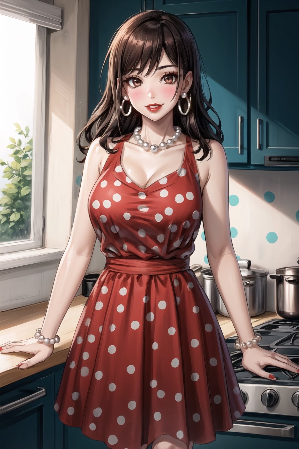 ((best quality)),  ((highly detailed)),  masterpiece,1girl, 1girl,  seductive smile, solo,   (Stepford),lips, makeup, lipstick,red lips, (pose),(polka dot:1.4), (polka dot dress:1.4),(pearl necklace:1.2), pearl bracelet, bare shoulders,(red dress:1.2),aroused, blush ,standing,  (large pearl necklace), (hoop earrings:1.2), looking at viewer, standing, cowboy shot, fingernails, kitchen, cooking, indoors, house, windows, cortain, food, hori kyouko