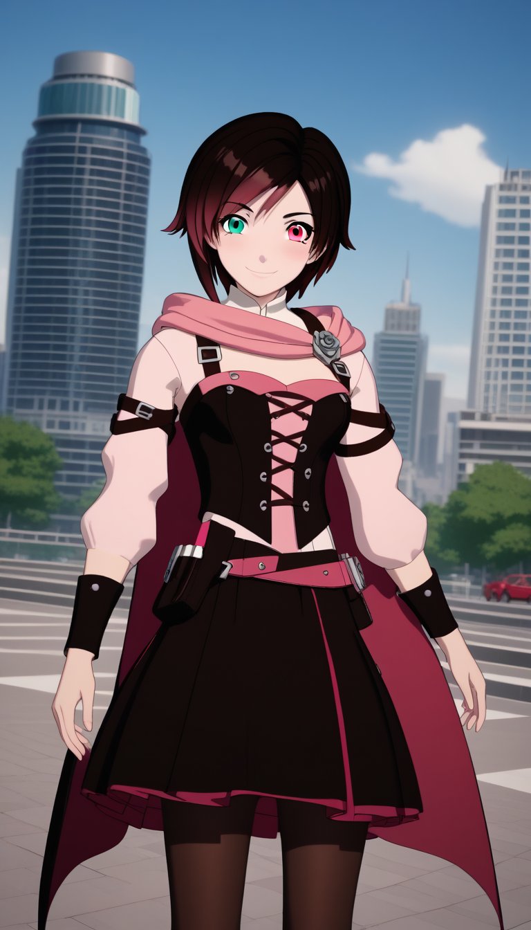 score_9, score_8_up, score_7_up, intricate details, ruby rose, short hair,  brown hair, brown eyes, pink hair, multicolored hair, pink eyes, two-tone hair, heterochromia, split-color hair,, evil smile,,dress, pantyhose, cape, corset, belt cityscape, street, bent over, smile, looking at viewer, solo, cowboy shot, dutch angle