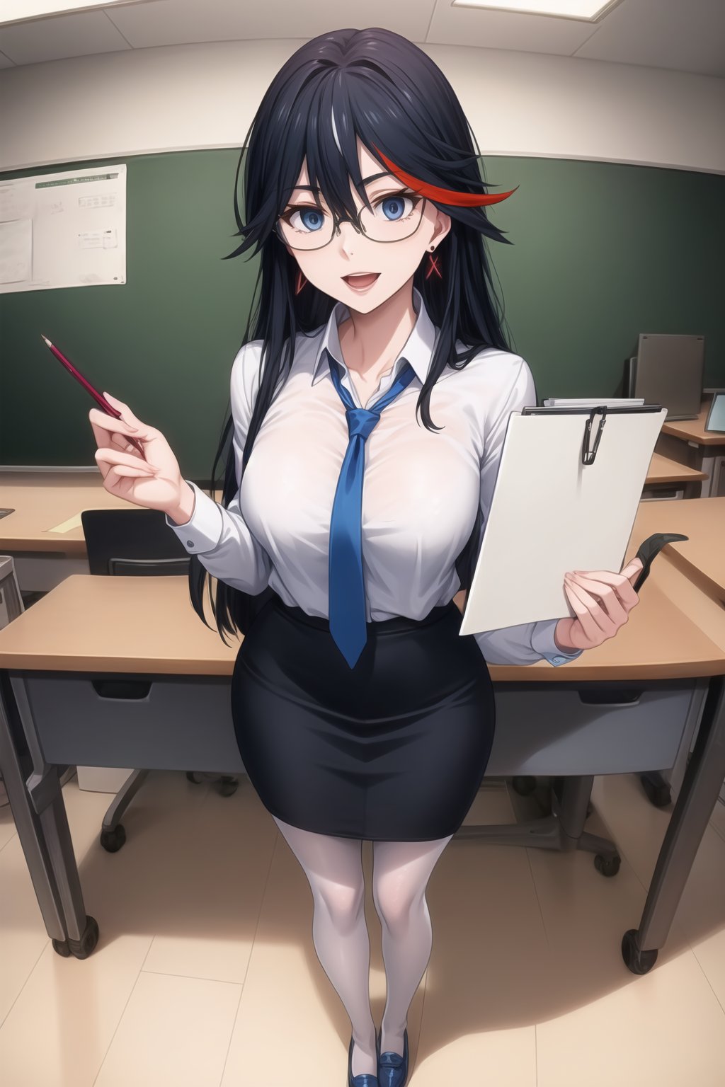 Ryuuko Matoi, long hair:1.2, the SKS Office Lady, stands expressionless with empty eyes, her lips subtly parted as if in a state of subtle hypnosis. glasses, skirt, pantyhose, earrings, multicolored hair, blue eyes, pencil skirt, adjusting eyewear, black hair, blue skirt, chalkboard, open mouth, teacher, paper, necktie, jewelry, red-framed eyewear, bespectacled, long hair, red hair, two-tone hair, white legwear, semi-rimless eyewear, under-rim eyewear, shoes, standing, desk, blue footwear, office lady, smile, lanyard, streaked hair, clipboard,  shirt. In formal attire, she exudes professionalism.