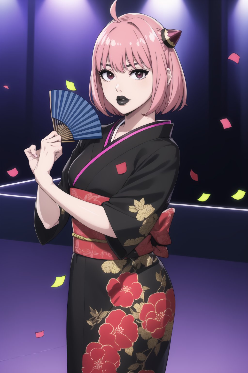 (best quality), (highly detailed), masterpiece, (official art),  ,anya forger:1.3,ahoge, hair ornament,( anya, hair ornament, pink hair, short hair), lips:1.2, black lips:1.4, makeup:1.2, lipstick:1.2,  makeup, black eyes:1.2,black kimono,obi, dance,hand fan,white confetti,, looking at viewer, (/nightclub scene, neon lights)), , club, (nigth club), ,hd quality, perfect face ,realistic, realistic body , perfect face sync,night club,StandingAtAttention,marinette,night club,b1mb0, dancing:1.2,