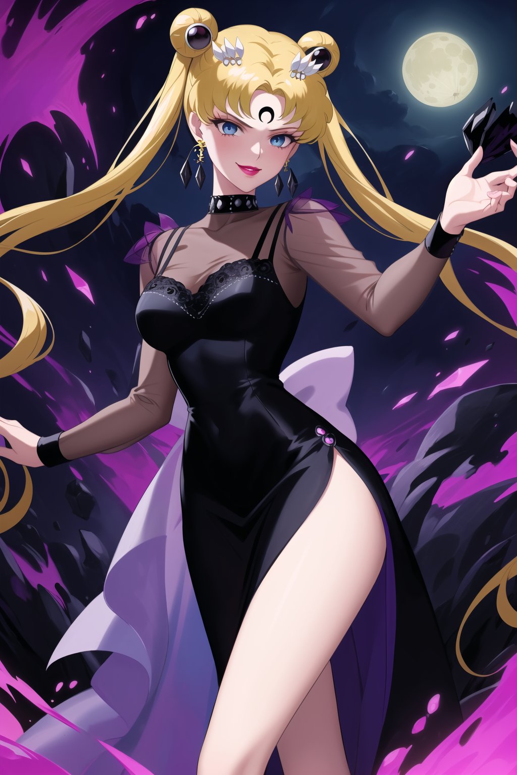 (best quality), (highly detailed), masterpiece, (official art),aausagi, double bun, twintails, parted bangs, hair ornament, blonde hair , makeup, ((black moon, forehead mark, crescent facial mark, black crystal earrings)), jewelry, aged up, evil smile, lips, lipstick, posing, anime coloring, choker, ((black dress, long sleeves, see-through)), pink dress, side slit, A dark and mysterious female character inspired by the style of classic anime. She has an evil face with an evil smile, giving her an imposing and intimidating presence. The overall atmosphere is dark and mysterious, with a sense of power and control emanating from her posture.,