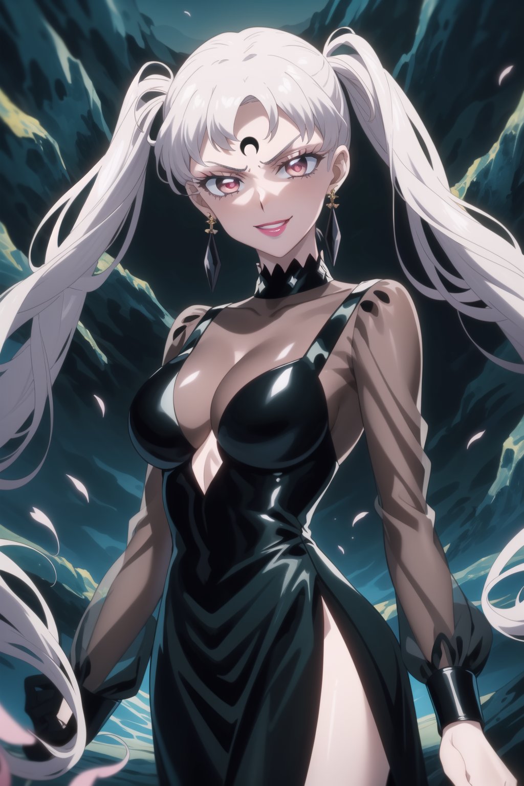 (best quality), (highly detailed), masterpiece, (official art), (noelle_silva,silver hair,twintails,bangs,jewelry), makeup, ((forehead mark, crescent facial mark, black crystal earrings)), aged up, evil smile, lips, lipstick, posing, anime coloring, ((black dress, long sleeves, see-through)), pink dress, side slit, A dark and mysterious female character inspired by the style of classic anime. She has an evil face with an evil smile, giving her an imposing and intimidating presence. The overall atmosphere is dark and mysterious, with a sense of power and control emanating from her posture.,