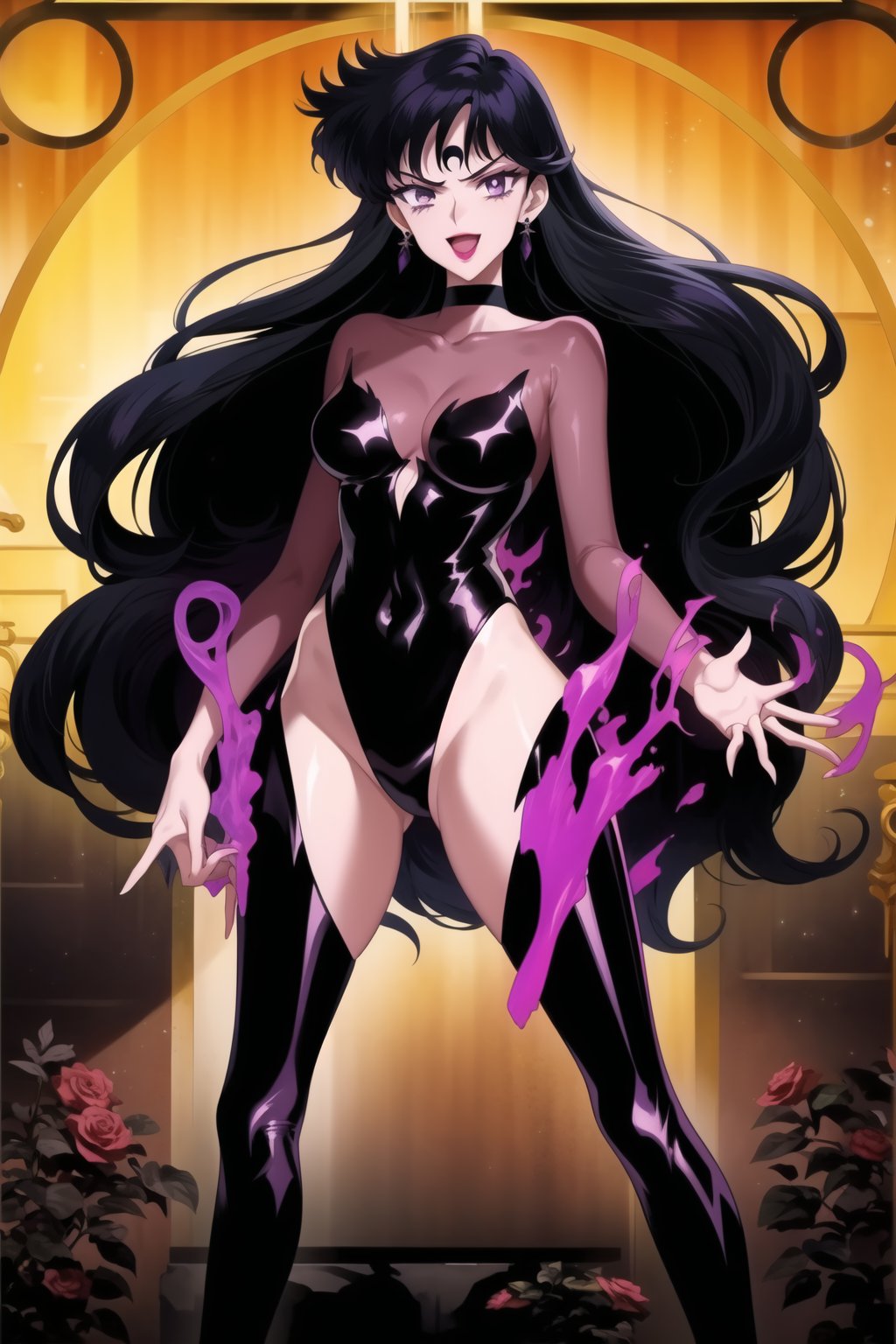 sama1, long hair, black hair, 1girl, solo, long hair, smile, black hair, jewelry, purple eyes, earrings, boots, leotard, highleg leotard, corruption, dark persona, covered navel, knee boots, aura, looking at viewer, open mouth, parted lips, choker, bodysuit, makeup, lipstick, facial mark, crescent facial mark, crystal earrings, purple flower, purple background, crystal, forehead mark, crescent, rose.
(best quality), (highly detailed), masterpiece, (official art), A dark and mysterious female character inspired by classic anime style, giving her a commanding and intimidating presence.  The overall atmosphere is dark and mysterious, with a sense of power and control emanating from her poised stance.,