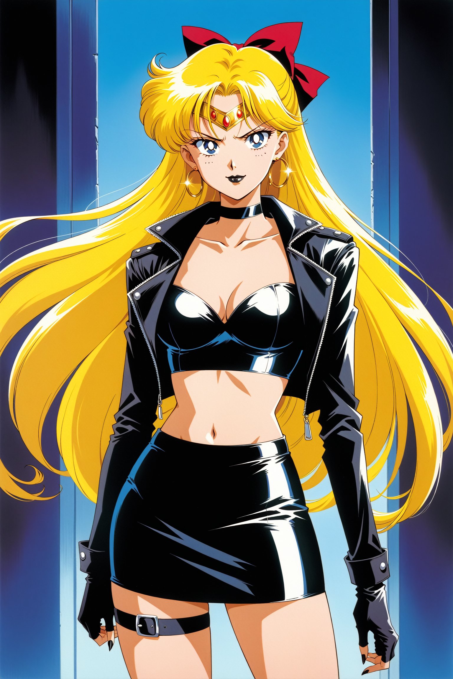 (masterpiece, best quality, very aesthetic, ultra detailed), lips, black lips:1.2, evil smile, evil, villain, corrupted, dark persona,intricate details, 4k, aavenus, long hair, blonde hair, hair bow,, black gloves, black jacket:1.2, black skirt:1.2, breasts, cleavage, closed mouth, collarbone, cowboy shot, ((black crop top)), hoop earrings, fingerless gloves, gloves, highres, black leather jacket, jewelry, , medium breasts, midriff, miniskirt, navel, pencil skirt, skirt, solo, standing, stomach, striped, striped bow, thigh strap,((retro anime style, detailed retro anime)), tiara, black choker