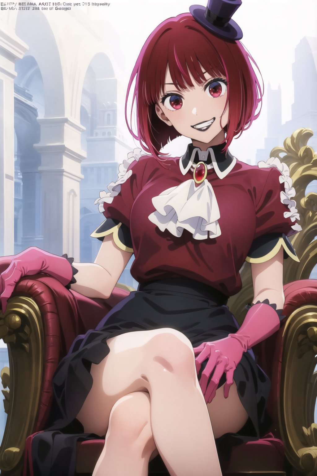 (best quality), (highly detailed), masterpiece, (official art),  lips:1.2, black lips:1.4, lipstick:1.2, aakana, short hair, mini hat, head tilt, red eyes, jewelry, brooch, white ascot, frills, red shirt, short sleeves, pink gloves, black skirt, , throne, sitting, crossed legs, smirk, grin