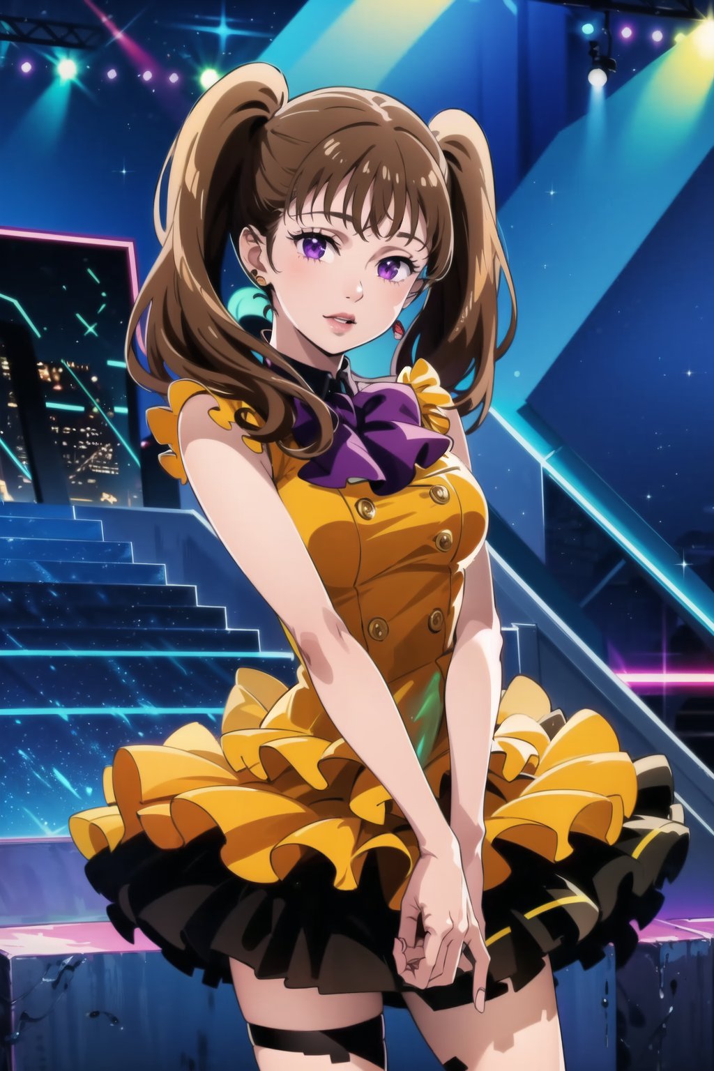 (best quality), (highly detailed), masterpiece, (official art),  diane,twintails, brown hair ,purple eyes, solo,  lips:1.2, beautiful 1girl wearing a earthy red (idol dress) ,layered skirt, frills, ribbon, bow, sequins, looking at viewer, (/nightclub scene, neon lights), , club, (nigth club), ,hd quality, perfect face ,realistic, realistic body , perfect face sync,night club,StandingAtAttention,marinette,night club,b1mb0,