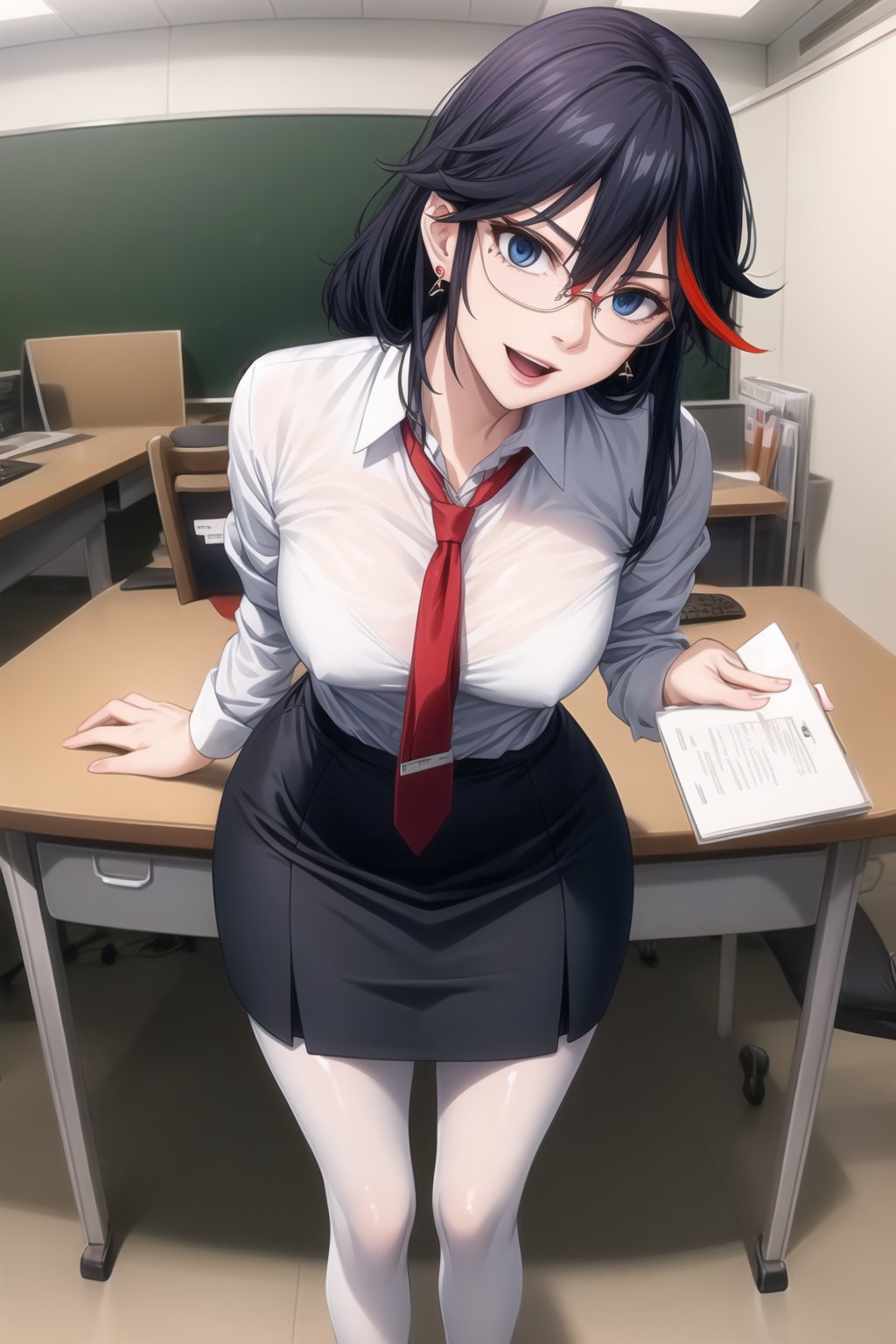 A close-up shot of Ryuuko Matoi, long hair:1.2, the SKS Office Lady, stands expressionless with empty eyes, her lips subtly parted as if in a state of subtle hypnosis. glasses, skirt, pantyhose, earrings, multicolored hair, blue eyes, pencil skirt, adjusting eyewear, black hair, blue skirt, chalkboard, open mouth, teacher, paper, necktie, jewelry, red-framed eyewear, bespectacled, long hair, red hair, two-tone hair, white legwear, semi-rimless eyewear, under-rim eyewear, shoes, standing, desk, blue footwear, office lady, smile, lanyard, streaked hair, clipboard,  shirt. In formal attire, she exudes professionalism.