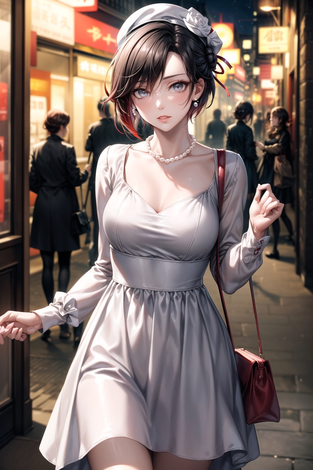 (best quality), (highly detailed), masterpiece, (official art), ,(ruby rose:1.2, hair bun:1.3), makeup:1.3, (lips:1.2), parted_lips, blue earrings:1.3,jewelery:1.3,((long sleeves,  dress, ribbon, ccollarbone, white dress:1.3,  white headwear,  pearl necklace:1.3, holding, holding bag, v arms:1.3)), looking at viewer, china, asiática, city, night, sky,  (intricately detailed, hyperdetailed), blurry background,depth of field, best quality, masterpiece, intricate details, tonemapping, sharp focus, hyper detailed, trending on Artstation,1 girl, high res, official art,StandingAtAttention,bestiality