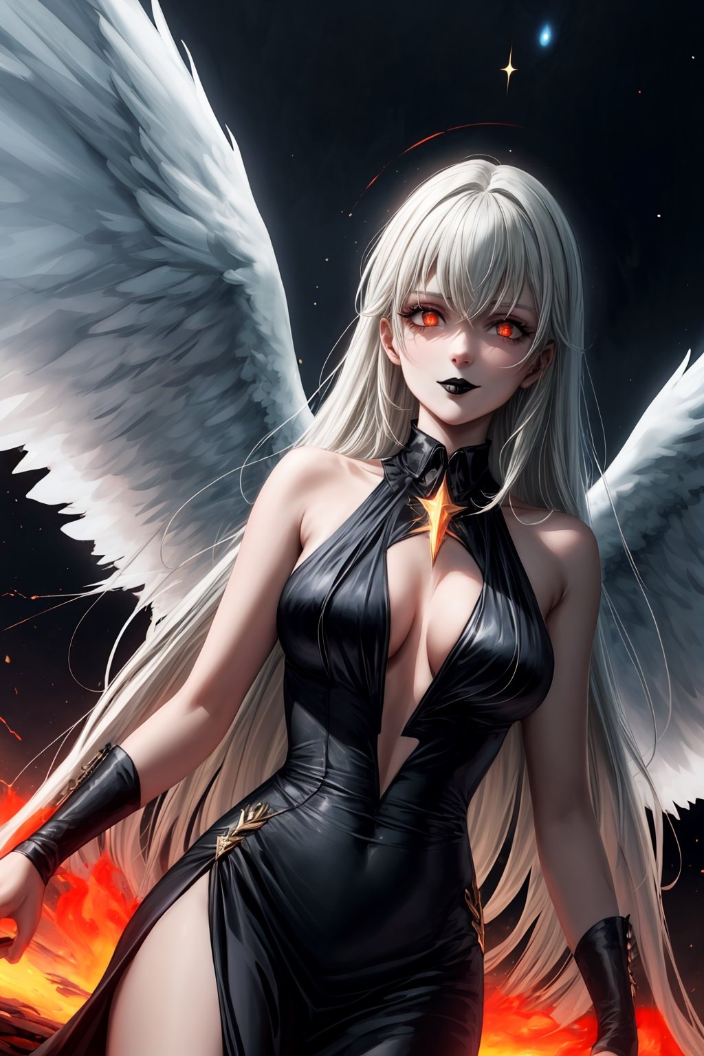 masterpiece, best quality, absurdres, 4k, 8k, uhd create fallen archangel,detailed angel wins, bloodlust, (dutch angle), hell. fire, (black wings),black dress, elizabeth, red glowy eyes, eerie, creepy, nightmarish, very bright colors, light particles, wallpaper art, ((cosmic energy)),high detailed ,evil smile, white hair, ((black lips))