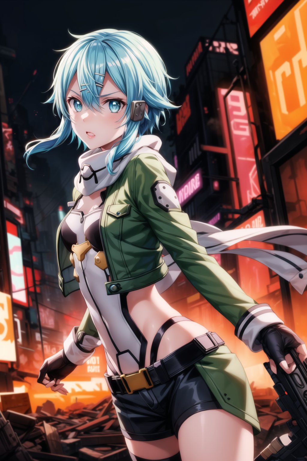 Sinon appears out of breath and agitated after a shootout. She has a surprised and scary expression, lips slightly parted, aiming her handgun directly at the viewer with arms outstretched. The background features a ruined cityscape with neon signs, broken buildings, and flickering lights, enhancing the cyberpunk atmosphere. The scene is lit with a mix of neon glows and dark shadows, emphasizing the chaotic and dystopian environment.
((Best quality)), masterpiece, Sinon1, (surprised:1.3), (scary:1.3), lips, aiming at viewer, holding pistol, ((Sinon, cyberpunk, hair ornament, hairclip)),, 1girl, bangs, belt pouch, black gloves, black shorts, blue eyes, blue hair, fingerless gloves, green jacket, green legwear, gun, hair between eyes, hair ornament, hairclip, highres, jacket, long sleeves, outdoors, handgun, scarf, shadow, short hair, short hair with long locks, short shorts, shorts, sidelocks, Sinon, pistol, solo, sword art online, weapon, Anime illustration, post-apocalyptic cyberpunk setting, cowboy shot.

