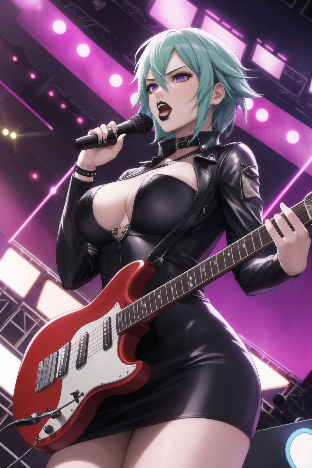 (best quality), (highly detailed), masterpiece, (official art),  Sinon, black lips:1.2, lips:1.3, rocking out on stage in a black leather outfit with spiked accessories. Her electric guitar roars as she performs in front of a massive crowd. The stage is bathed in red and purple lights, and the energy is electric as she belts out powerful lyrics. Her hair is wild, and her eyes are fierce, embodying the spirit of rebellion., ,hd quality, perfect face ,realistic, realistic body , perfect face sync,,b1mb0, 