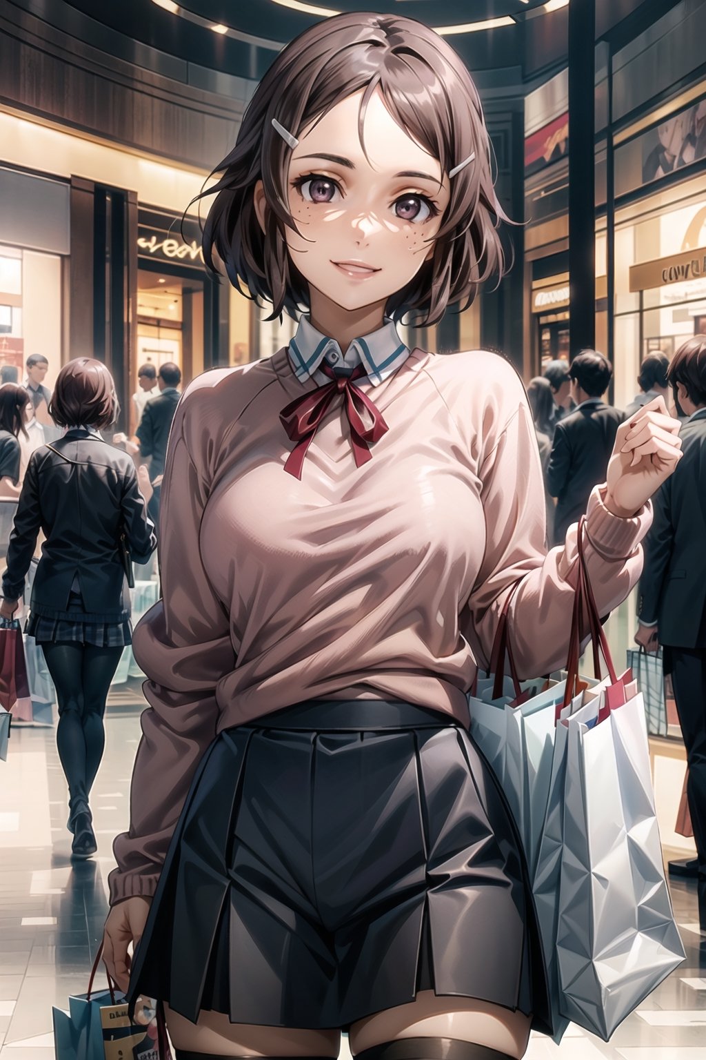 ((best quality)),  ((highly detailed)),  masterpiece,  ((official art)),  detailed face,  beautiful face,  (detailed eyes,  deep eyes),(, shopping_mall,, retail_therapy),  cowboy shot, extravagant shopping spree,  (shopping:1.2),high society,(smile:1.2, happy), rika, brown hair, hair clip, brown eyes, freckles,Black skirt,school uniform,((pink sweater:1.2)), zettai ryouiki, neck ribbon pleated skirt, black thighhighs,(at sides, looking at sides), curvaceous,  voluptuous body,  medium breast,  (intricately detailed, hyperdetailed), blurry background, depth of field, best quality, masterpiece, intricate details, tonemapping, sharp focus, hyper detailed, trending on Artstation, 1 girl, solo, high res, official art,RockOfSuccubus