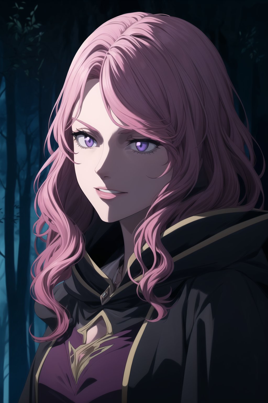 ,(masterpiece, best quality, very aesthetic, ultra detailed), lips, black lips:1.2, evil smile, evil, villain, corrupted, dark persona,intricate details, 4k, Vanessa, purple eyes,  (long straight pink hair, dark pink hair, long wavy hair),   as an evil sorceress, with dark magical energy swirling around her, in a dark, mystical forest. She wears a dark, flowing robe with glowing blue runes, and a hood that shadows her face, adding to her ominous presence. The background is filled with twisted trees and ominous fog, lit by ghostly blue light. Created Using: dark fantasy anime style, magical realism, detailed character design, ethereal lighting, digital painting, intricate