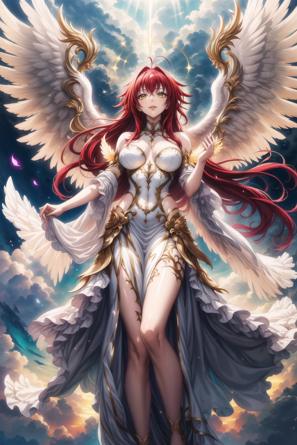 (best quality), (highly detailed), masterpiece, (official art), Rias Gremory as a serene angel, lips smile, with long flowing red hair and a delicate ahoge, luminous white wings spread wide behind her. She is wearing a simple, elegant white gown that flows gracefully around her, softly billowing as she floats in the sky. Rias stands with her arms gracefully open, as if welcoming you with a serene and benevolent presence, her yellow eyes. Rays of divine light shine down from the heavens, illuminating her figure, while she hovers among soft, glowing clouds. The sky is a serene blend of soft pastels, with golden rays breaking through, creating a heavenly and peaceful atmosphere. Her wings emit a gentle, ethereal light, adding to her angelic presence.