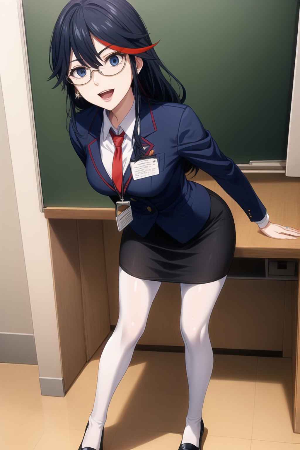 A close-up shot of Ryuuko Matoi, long hair:1.2, the SKS Office Lady, stands expressionless with empty eyes, her lips subtly parted as if in a state of subtle hypnosis. glasses, skirt, pantyhose, earrings, multicolored hair, blue eyes, pencil skirt, adjusting eyewear, black hair, blue skirt, chalkboard, open mouth, teacher, paper, necktie, jewelry, red-framed eyewear, bespectacled, long hair, red hair, two-tone hair, white legwear, semi-rimless eyewear, under-rim eyewear, shoes, standing, desk, blue footwear, office lady, smile, lanyard, streaked hair, clipboard,  shirt. In formal attire, she exudes professionalism.