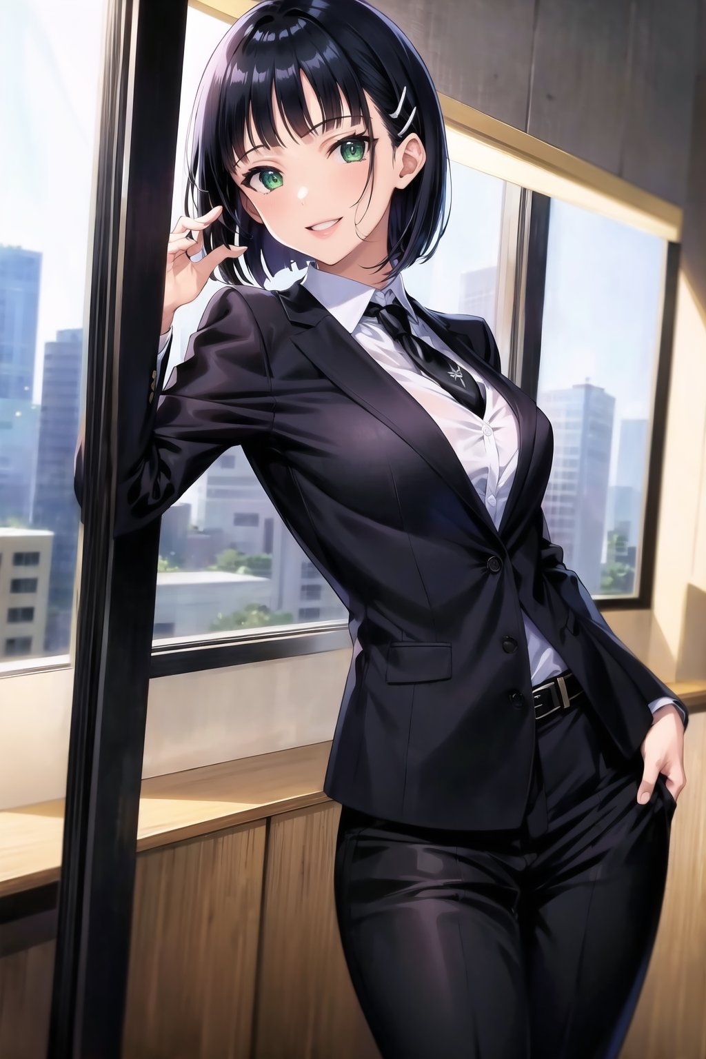 (best quality), (highly detailed), masterpiece, (official art), suguha, short hair, black hair, bob cut, hairclip, hair ornament, blunt bangs, lips, smile, necktie,pose,  black jacket,(black suit), open suit,  open jacket,long sleeves, shirt tucked in,looking at viewer, shirt, black necktie, white shirt, medium breasts,window, formal, office lady,pants, black pants, black belt, business suit, suit,  (intricately detailed, hyperdetailed), blurry background,depth of field, best quality, masterpiece, intricate details, tonemapping, sharp focus, hyper detailed, trending on Artstation,1 girl, solo,high res,official art