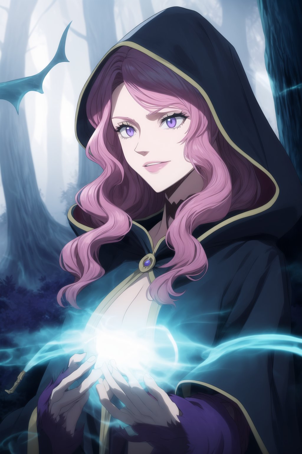 ,(masterpiece, best quality, very aesthetic, ultra detailed), lips, black lips:1.2, evil smile, evil, villain, corrupted, dark persona,intricate details, 4k, Vanessa, purple eyes,  (long straight pink hair, dark pink hair, long wavy hair),   as an evil sorceress, with dark magical energy swirling around her, in a dark, mystical forest. She wears a dark, flowing robe with glowing blue runes, and a hood that shadows her face, adding to her ominous presence. The background is filled with twisted trees and ominous fog, lit by ghostly blue light. Created Using: dark fantasy anime style, magical realism, detailed character design, ethereal lighting, digital painting, intricate