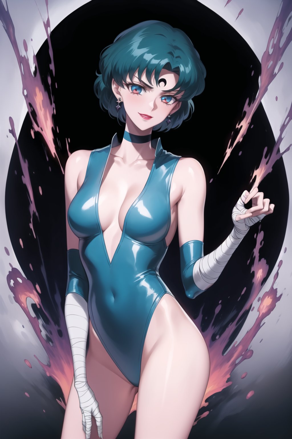 evil smile, red eyes, jewelry,  earrings, makeup, facial mark, lipstick,  forehead mark, crescent facial mark, crystal earrings,crescent, mer1, short hair, blue hair,  cleavage, jewelry, collarbone,  earrings, choker, leotard, bandages, blue leotard, blue choker, elbow gloves,highleg leotard, mizuno ami
(best quality), (highly detailed), masterpiece, (official art), A dark and mysterious female character inspired by classic anime style,  She has a cold, expressionless face with pale skin and dark, bold lips, giving her a commanding and intimidating presence.  The overall atmosphere is dark and mysterious, with a sense of power and control emanating from her poised stance.