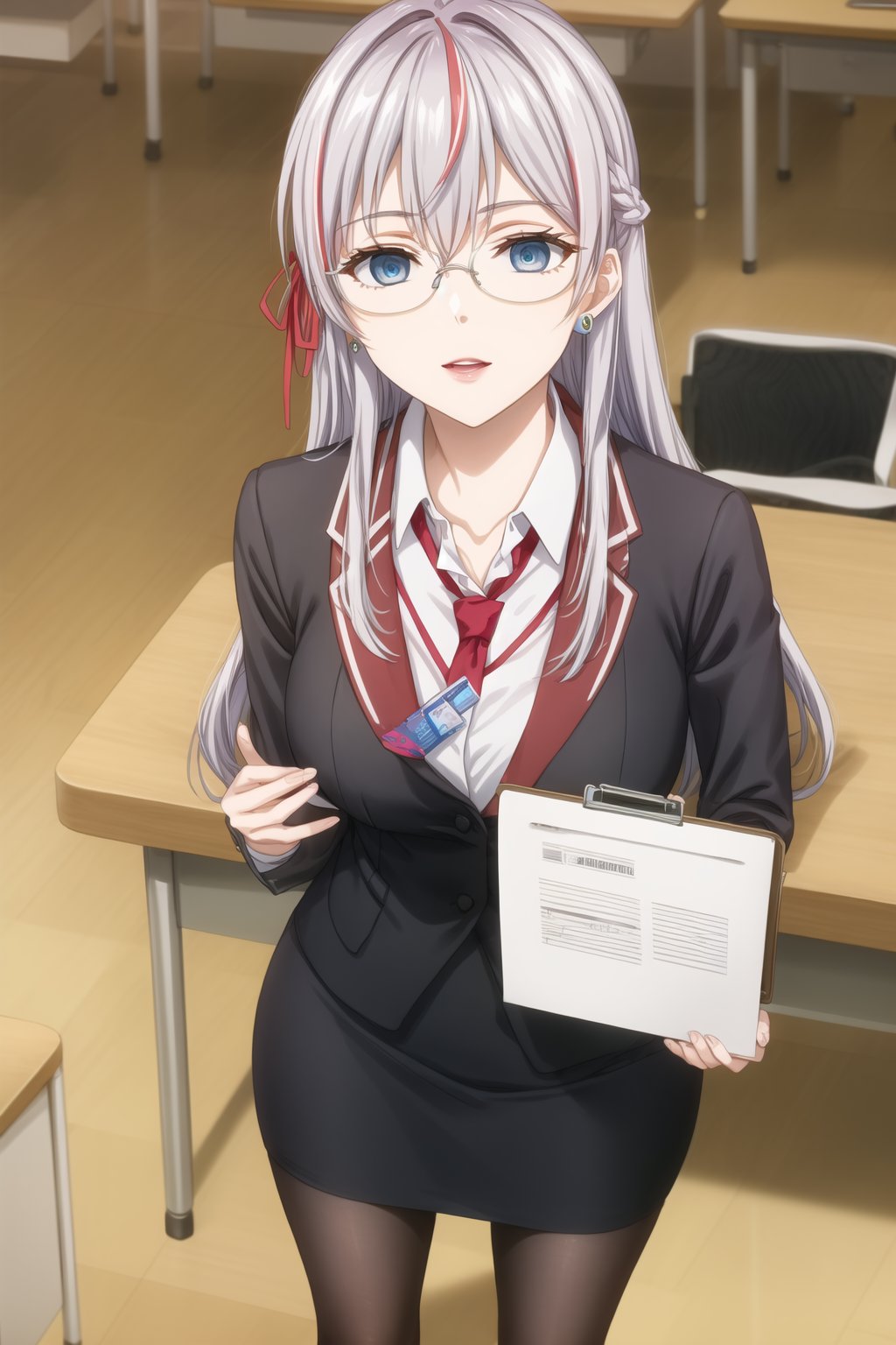 A close-up shot of alya, long hair, grey hair, blue eyes, hair between eyes, hair ribbon, red ribbon, ahoge, the SKS Office Lady, stands expressionless with empty eyes, her lips subtly parted as if in a state of subtle hypnosis. glasses, skirt, pantyhose, earrings, pencil skirt, adjusting eyewear,  blue skirt, chalkboard, open mouth, teacher, paper, necktie, jewelry, red-framed eyewear, bespectacled, white legwear, semi-rimless eyewear, under-rim eyewear, shoes, standing, desk, blue footwear, office lady, smile, lanyard, streaked hair, clipboard,  shirt. In formal attire, she exudes professionalism.