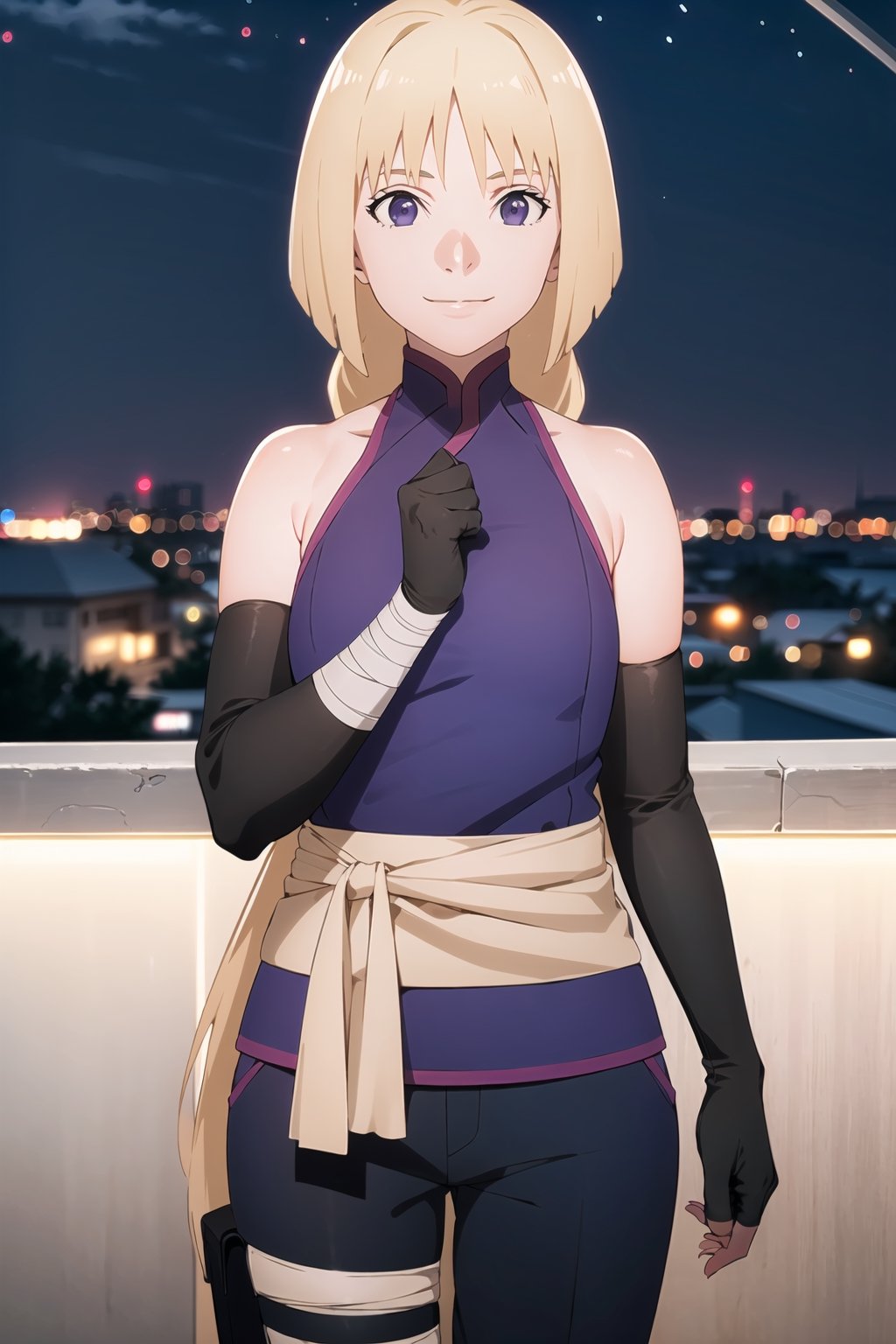 (best quality), (highly detailed), masterpiece, (official art),sumire kakei, (blonde hair), smile, long hair, ninja, elbow gloves, bandages, black pants, upper body, looking at viewer, city, night, sky, (intricately detailed, hyperdetailed), blurry background,depth of field, best quality, masterpiece, intricate details, tonemapping, sharp focus, hyper detailed, trending on Artstation,1 girl, high res, official art