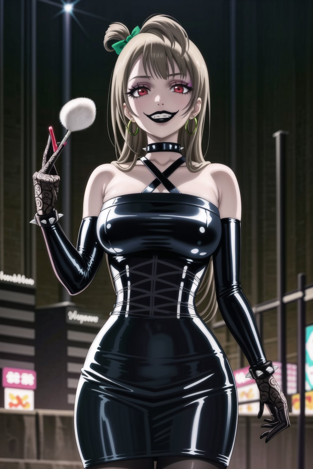 ((best quality)),  ((highly detailed)),  masterpiece,(Black lips:1.4), (white skin:1.4), ((official art)),  detailed face,  beautiful face, (cross-laced clothes:1.3), narrow_waist:1.3, dominatrix:1.4 , (intricate Black dress:1.4), (detailed eyes,  deep eyes),science fiction, cyberpunk:1.3, street, shopping, pose:1.3, smoke:1.3, holding cigarette:1.3, smoking:1.2,((smirk, grin, naughty face, seductive smile, smug)) ,cowboy shot,(lips), minami kotori, long hair,  bangs, hair bow, green bow, (red eyes:1.3),   (spiked bracelet), corset:1.4, (black hoop earring:1.3), curvaceous, voluptuous body, (makeup:1.5) (lips:1.3), (latex:1.3),  (black tube top:1.2), gloves,(elbow gloves:1.2), skirt, black choker, pencil skirt, pantyhose, miniskirt, (black skirt), black gloves, black legwear, black nails,large breasts:1.2, (intricately detailed, hyperdetailed), blurry background, depth of field, best quality, masterpiece, intricate details, tonemapping, sharp focus, hyper detailed, trending on Artstation, 1 girl, solo, high res, official art,RockOfSuccubus,,kotori minami,minami kotori,,<lora:659111690174031528:1.0>