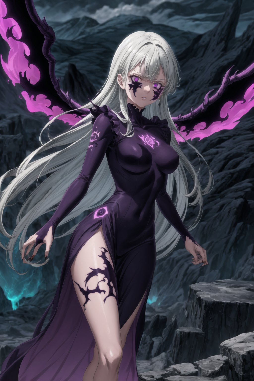 (tattoo,facial mark,aura,glowing,bodypaint,smoke,dark aura:1.2),1girl,long hair,medium breasts,black hair,angry,purple eyes,wings,claws,looking at viewer,nude,censored,armor,convenient censoring,Elizabeth, black hair, lips, ruler of hell, stands as a malevolent dictator, her long hair flowing like darkness itself, gradient from white to dark, framing her cold gaze. Her elaborate gown, adorned with sinister symbols and glowing red accents, reflects her dominance and cruelty. The background features a hellish landscape: rivers of lava, jagged rocks, tormented souls, and dark clouds with lightning. Eerie, red and black glows illuminate the scene, capturing the dark and oppressive atmosphere of her dominion.