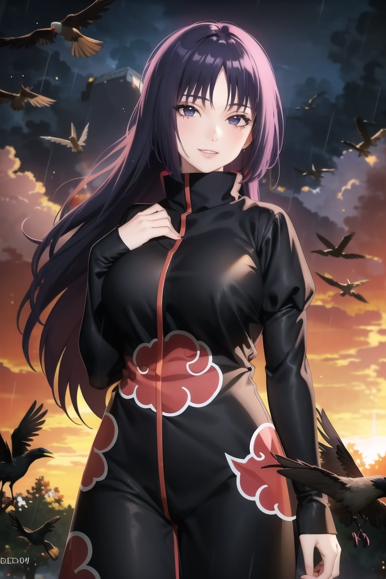 anime, hdr, soft light, ((best quality)), ((masterpiece)), (detailed),  sumire kakei, long hair, purple hair, puple eyes, makeup, head tilt, smile, (lips), (akatsuki outfit:1.1), (puffy_sleeves:1.2), ((juliet_sleeves)),large breast, high neck, high_collar, black dress, long sleeves, looking at viewer, village, (((crows))),sunset, rain, water drop, cloud, nature, ,akatsuki outfit, bird, crow, eagle, black feathers, bird on shoulder, sunset, orange sky, outdoors, fantasy00d,