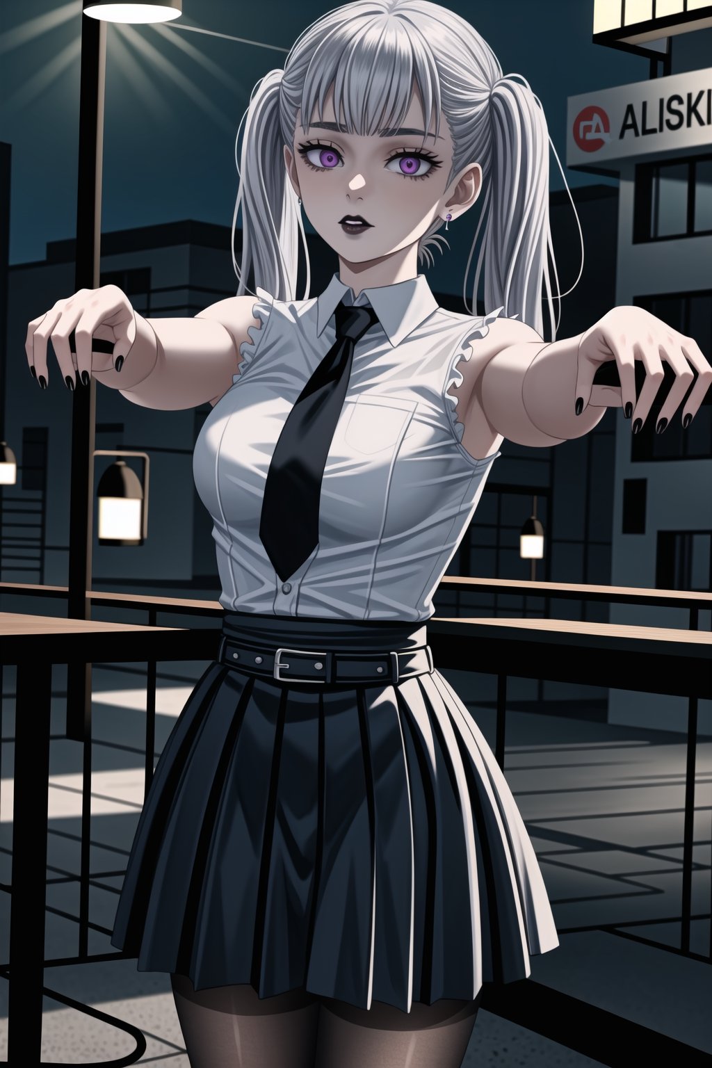 ((best quality)),  ((highly detailed)), ((zombie walk, mind control, looking away)),  masterpiece,1girl, 1girl, (lips) , (black lips:1.2) ,nail polish, solo,  alternate_costume, (white shirt), necktie, shirt, sleeveless_shirt, collared shirt, pencil_skirt, high_waist_skirt, belt, black_skirt,  miniskirt, black_legwear, pantyhose,  (earrings), black nails, looking at viewer, standing, cowboy shot, bar,outdoor,lamp,nigth,space, office:1.3 ,noelle_silva, silver hair,purple eyes, twintails, bangs, earrings, jewelry,,,,zombie walk,<lora:659111690174031528:1.0>