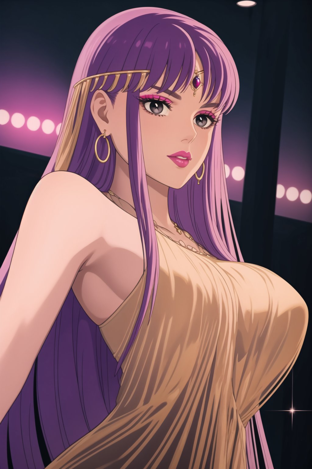 (best quality), (highly detailed), masterpiece, (official art),  ,(Saori,purple hair,long hair):1.2, lips:1.2, makeup:1.2, lipstick:1.2,  makeup, pink eyes, dancing:1.4, dance:1.2, dancer:1.3, posing, Earrings, gem earring:1.2,black_earrings, lips:1.2, black eyes:1.2, ,lips, cowboy shot, large breast, (/nightclub scene, neon lights)), , club, (nigth club), ,hd quality, perfect face ,realistic, realistic body , perfect face sync,night club,,marinette,night club,b1mb0,v3il:1.3, (forehead jewel gem):1.3