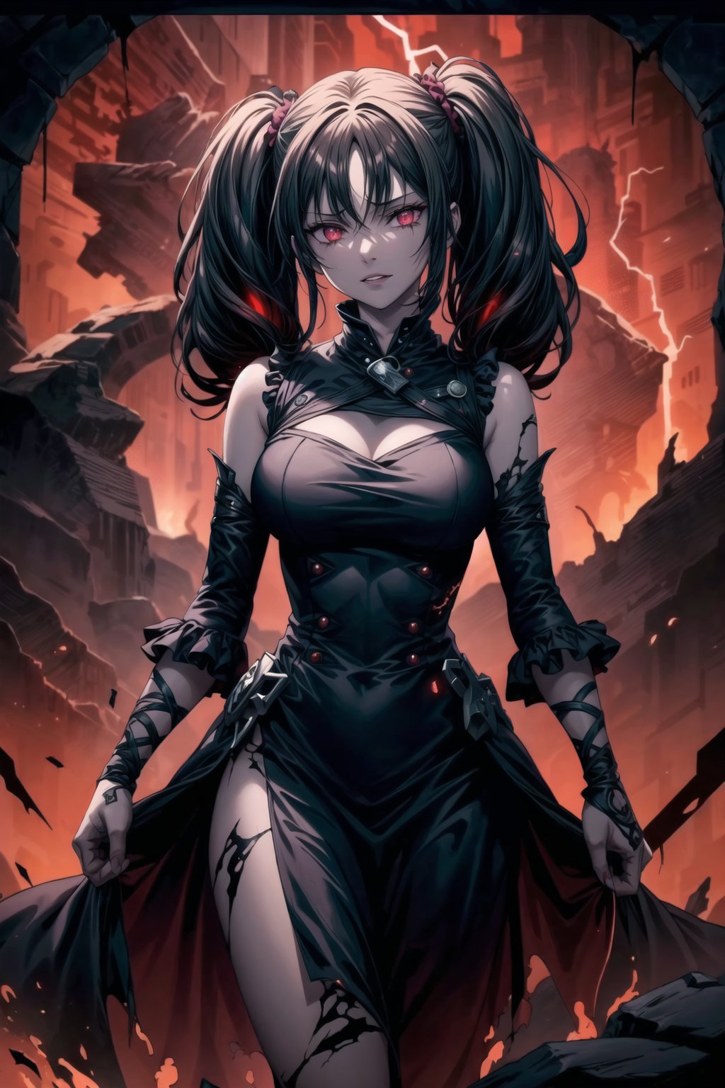 Diane, twintails black hair,hair_scrunchie ,lips, ruler of hell, stands as a malevolent dictator, her red hair flowing like darkness itself, gradient from white to dark, framing her cold gaze. Her elaborate gown, adorned with sinister symbols and glowing red accents, reflects her dominance and cruelty. The background features a hellish landscape: rivers of lava, jagged rocks, tormented souls, and dark clouds with lightning. Eerie, red and black glows illuminate the scene, capturing the dark and oppressive atmosphere of her dominion.