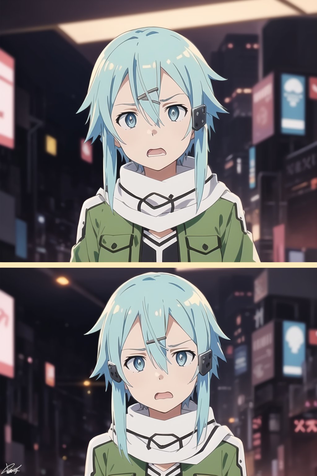 (best quality), (highly detailed), masterpiece, (official art), ((sinon1, cyberpunk, hair ornament, hairclip)), 1girl, upper body, bangs, blue eyes, blue hair, blurry, blurry background, fingerless gloves, green jacket, hair between eyes, hair ornament, hairclip, highres, jacket, long sleeves, outdoors, scarf, short hair, short hair with long locks, sidelocks, signature, sinon, solo, darkness, sword art online, turning head, ((open eyes, shocked expression,fear, horror, surprised:1.2)), open mouth,surprised look,surprised girl,