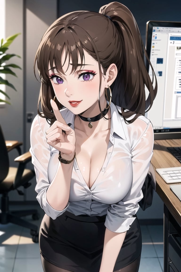((best quality)), ((highly detailed)), masterpiece, ((official art)), ( diane, high ponytail:1.2), (office:1.3), (window, indoors, plant), (seductive smile), (red lips),(makeup:1.2),(black choker:1.2),(hoop earrings), (high-waist skirt:1.2), (black skirt), (collarbone, cleavage) , (lips:1.2), (narrow_waist:1.2) , wristwatch, skirt, solo, (cowboy shot:1.2), standing, pencil skirt, (leaning forward:1.3),(hands over desktop:1.3),(seductive pose:1.2) collared shirt, (office lady), (white shirt:1.2), (formal:1.1), shirt tucked in, (skirt suit), black pantyhose, dress shirt, intricately detailed, hyperdetailed, blurry background, depth of field, best quality, masterpiece, intricate details, tonemapping, sharp focus, hyper detailed, trending on Artstation, 1 girl, high res, official art