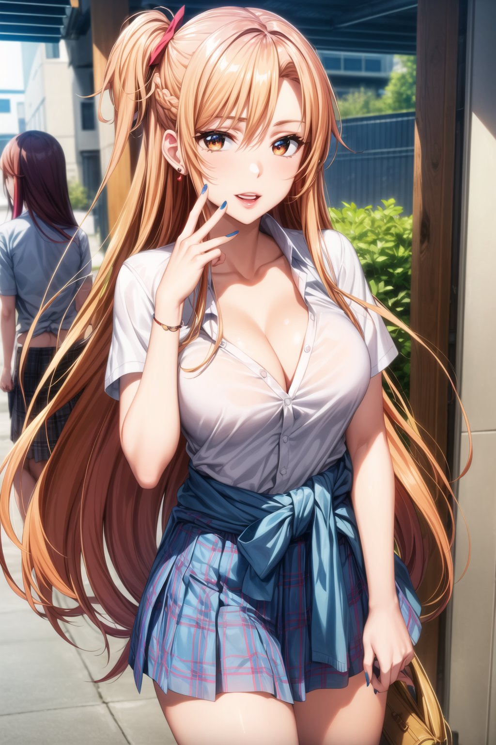 ((best quality)), ((highly detailed)), masterpiece, ((official art)), detailed face, beautiful face, (detailed eyes, deep eyes), seductive posing, (cowboy shot),asuna yuuki, long hair, brown eyes, orange hair, red hair, purple lips:1.2, 1girl, blonde hair, multicolored hair, bangs, one side up, long hair,  hairclip, jewelry, earrings, medium breasts, gyaru, cleavage, collarbone, school uniform, white shirt, short sleeves, bow, blue skirt, plaid skirt, sweater around waist, nail polish, blue nails, laughing, looking at viewer