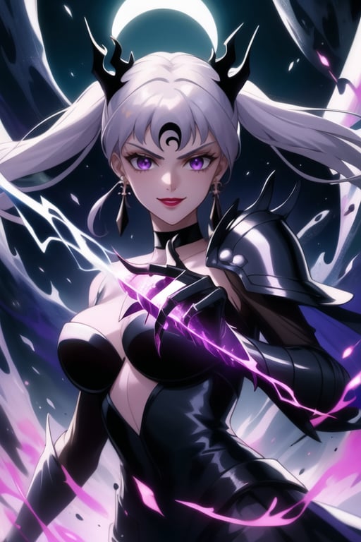 Here is a high-quality prompt for generating an image:

Official art masterpiece by noelle_silva,silver hair,twintails,bangs,purple eyes, Dark Thunder, aged up, poses confidently with silver hair flowing in the darkness. Her evil smile spreads across lips painted with bold lipstick, as she summons dark electricity to attack her foe. She wears retro-inspired armor, gloves, and jewelry, including black crystal earrings and a choker. A crescent-shaped facial mark glows ominously on her forehead. In the background, a subtle hint of a black moon casts an eerie shadow, further emphasizing her malevolent aura. Holdibg a Dark Staff while charge a energy attack,