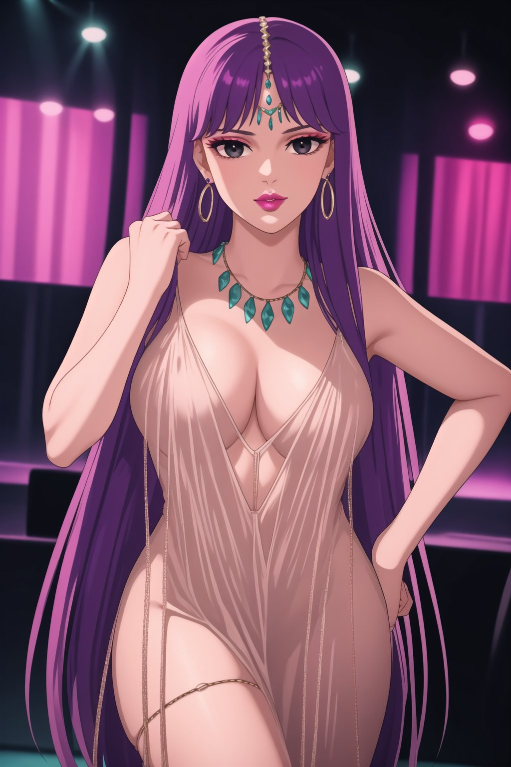 (best quality), (highly detailed), masterpiece, (official art),  ,(Saori,purple hair,long hair):1.2, lips:1.2, makeup:1.2, lipstick:1.2,  makeup, pink eyes, dancing:1.4, dance:1.2, dancer:1.3, posing, Earrings, gem earring:1.2,black_earrings, lips:1.2, black eyes:1.2, ,lips, cowboy shot, large breast, (/nightclub scene, neon lights)), , club, (nigth club), ,hd quality, perfect face ,realistic, realistic body , perfect face sync,night club,,marinette,night club,b1mb0,v3il:1.3, (forehead jewel gem):1.3