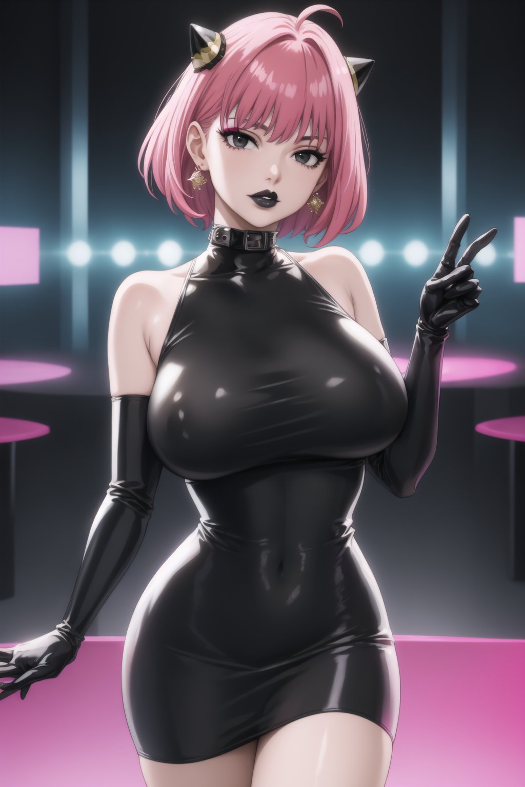 (best quality), (highly detailed), masterpiece, (official art),  ,anya forger:1.3,ahoge, hair ornament,( anya, hair ornament, pink hair, short hair),Earrings,   gem earring:1.2,black_earrings, lips:1.2, black lips:1.4, makeup:1.2, lipstick:1.2,  makeup, black eyes:1.2, ,black collar, black latex dress, black latex elbow gloves, crystal earrings, distant gaze, elbow gloves, female, female only, fetish wear, gloves, hand on butt, hand on knee, only, large breasts, latex, latex dress, latex elbow gloves, latex gloves, light-skinned female, light skin, long dress, solo, solo female,lips, cowboy shot, large breast, looking at viewer, (/nightclub scene, neon lights)), , club, (nigth club), ,hd quality, perfect face ,realistic, realistic body , perfect face sync,night club,StandingAtAttention,marinette,night club,b1mb0, dancing:1.2,