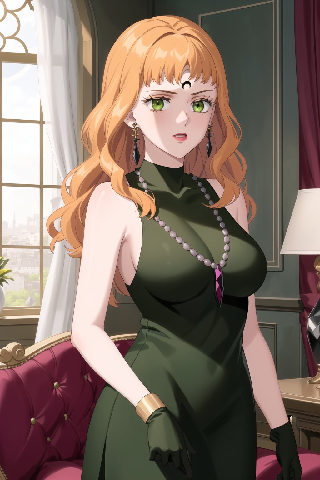 (best quality), (highly detailed), masterpiece, (official art),mimosa vermillion, orange hair, green eyes , makeup, ((black moon, forehead mark, crescent facial mark, black crystal earrings)), jewelry,  black sleeveless dress, high collar, large green gemstone necklace, gemstone, long black gloves, silver bracelet
, room, curtains, window