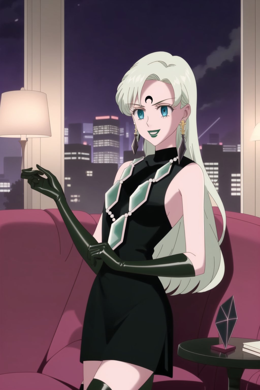 (best quality), (highly detailed), masterpiece, (official art),elizabeth, long hair, blue eyes, white hair, blunt bangs, single earring,, lips, smile, lipstick, makeup, evil smile,
((Forehead mark, crescent facial mark, black crystal earrings, jewelry)).  Dark  dress, black latex, black sleeveless dress, turtleneck_dress, short dress, elbow gloves, green gloves, thighhighs, large necklace, ((gemstone necklace:1.2)), standing,
Modern luxury lounge with dim lighting, featuring sleek black leather sofas, glass tables, and soft ambient lighting from wall sconces. A large window in the background reveals a city skyline at night, adding a touch of sophistication to the scene