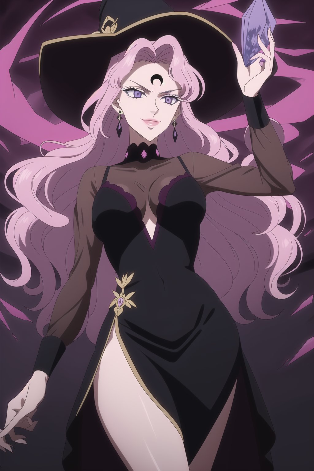 (best quality), (highly detailed), masterpiece, (official art), Vanessa, pink hair, purple eyes, long hair, bangs, witch hat, makeup, ((forehead mark, crescent facial mark, black crystal earrings)), aged up, evil smile, lips, lipstick, posing, anime coloring, ((black dress, long sleeves, see-through)), pink dress, side slit, A dark and mysterious female character inspired by the style of classic anime. She has an evil face with an evil smile, giving her an imposing and intimidating presence. The overall atmosphere is dark and mysterious, with a sense of power and control emanating from her posture.,