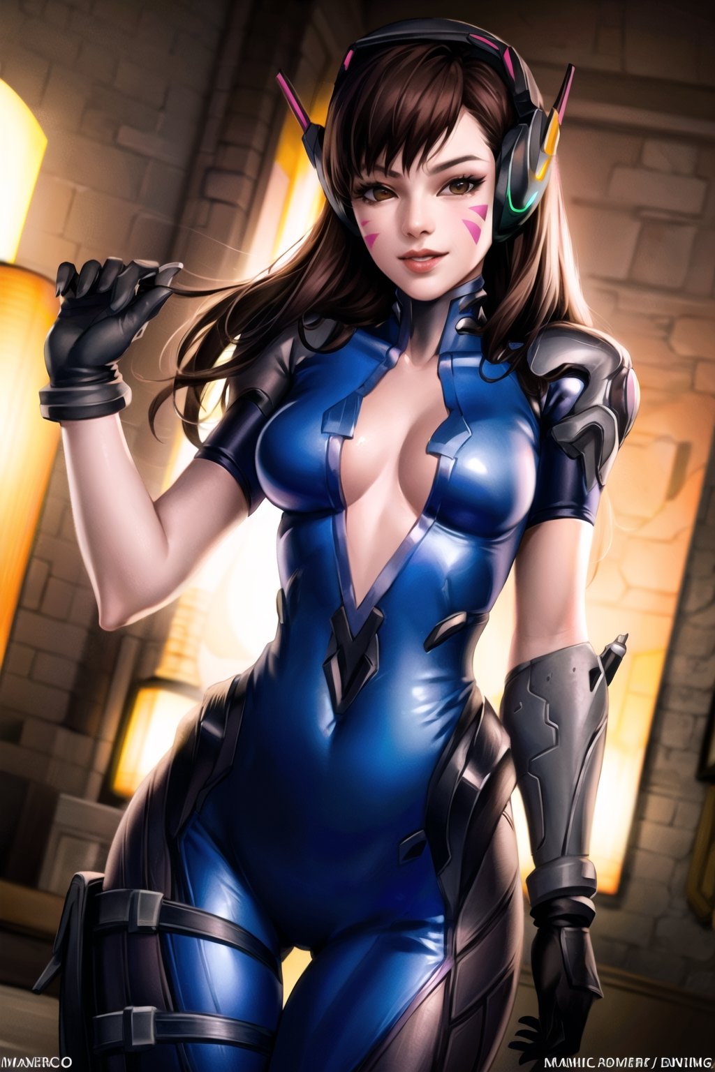 ((best quality)), ((highly detailed)), masterpiece, ((official art)), aahana, long hair, brown hair, headphones, whisker markings, shoulder pads,(widowsuit:1.1), medium breasts, tattoo, arm tattoo,ligth smike, lips,best quality, masterpiece, intricate details, tonemapping, sharp focus, hyper detailed, trending on Artstation,1 girl, solo,looking at viewer, thigh gap, cowboy shot, standing