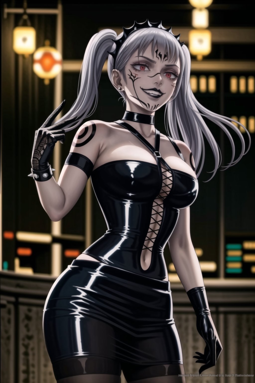 ((best quality)),  ((highly detailed)),  masterpiece, (Black lips:1.4),  ((official art)),  detailed face,  beautiful face, narrow_waist:1.3, dominatrix:1.3,puffy_short_sleeves, (sukunatattoo:1.3, maid:1.4) , (intricate black dress:1.4),top tube,  navel, midriff, (pubic tattoo:1.3), (detailed eyes,  deep eyes),(science fiction, cyberpunk:1.3, street, shopping, dark background),((smirk, grin, naughty face, seductive smile, smug)) ,,(lips), ((noelle_silva, silver hair,twintails, bangs, earrings, jewelry)) ,(red eyes:1.3),  cross-laced clothes:1.3, (spiked bracelet), corset:1.4, hoop earring, curvaceous, voluptuous body, (makeup) (lips:1.3), (latex),  (black tube top:1.2), gloves, elbow gloves, skirt, black choker, belt, pencil skirt, pantyhose, miniskirt, (black skirt), black gloves, black legwear, black choker ,large breasts, (intricately detailed, hyperdetailed), blurry background, depth of field, best quality, masterpiece, intricate details, tonemapping, sharp focus, hyper detailed, trending on Artstation, 1 girl, solo, high res, official art,RockOfSuccubus,,StandingAtAttention,,<lora:659111690174031528:1.0>