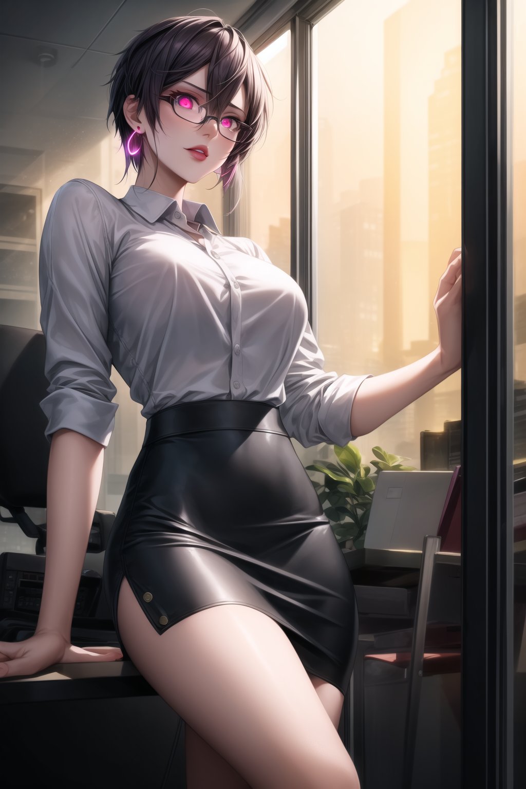 ((Best quality)), masterpiece, realistic illustration of a villainous shino asada, with black hair, hair between eyes, hair ribbon, short hair, sidelocks, and glasses. She has glowing pink eyes and red eyes, wearing a white shirt and a black leather pencil skirt, with hoop earrings and black lipstick. She stands in an office, with neon city lights casting dramatic shadows through the windows, creating an atmospheric lighting. 
The cityscape outside is detailed, with glowing signs and bustling streets. Her fierce and intense gaze, combined with the sleek design of her outfit, gives her a professional yet villainous twist. The scene is ultra-realistic, cinematic, with octane render and photo-realistic details, capturing the essence of hyper realism.