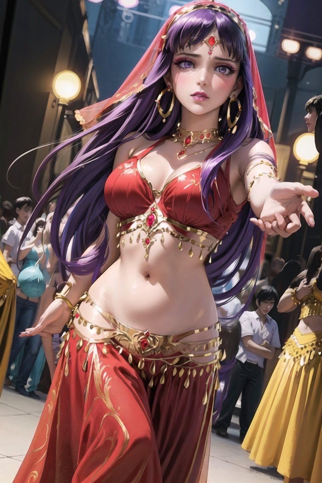 ((best quality)),  ((highly detailed)),  masterpiece,1girl, 1girl, ex, expressionless, ( lips), makeup ,red lips, (dance pose:1.3), ((belly dance, belly dance clothes)), ((red clothes)), provocative look, nightclub scene, neon lights, belly dance,(aroused), blush ,standing, ((makeup:1.2)), (((jewlery))),(earrings:1.2), blush,, looking at viewer, standing, slave, ballroom slave  market,(dutch angle), Saori, long hair, purple hair, (purple eyes),wearing belly dance dress,face_veil,jyojifuku, ((empty eyes))