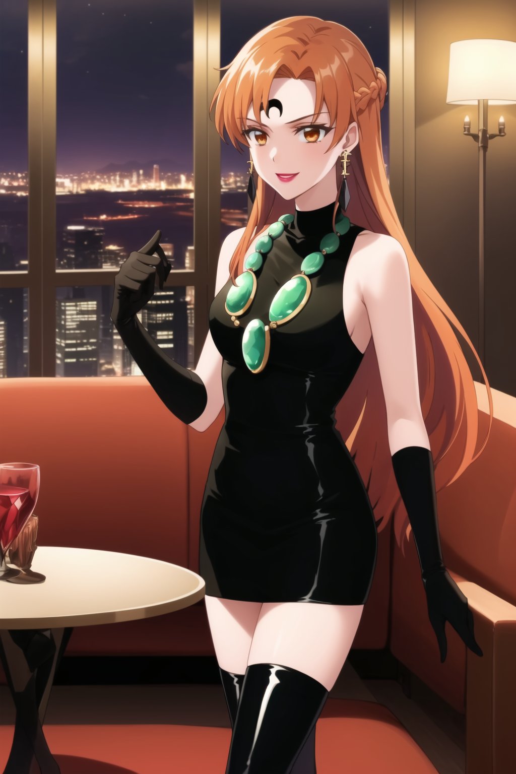 (best quality), (highly detailed), masterpiece, (official art), asuna yuuki, long hair, orange hair, red hair, brown eyes,, lips, smile, lipstick, makeup, evil smile,
((Forehead mark, crescent facial mark, black crystal earrings, jewelry)).  Dark  dress, black latex, black sleeveless dress, turtleneck_dress, short dress, elbow gloves, green gloves, thighhighs, large necklace, ((gemstone necklace:1.2)), standing,
Modern luxury lounge with dim lighting, featuring sleek black leather sofas, glass tables, and soft ambient lighting from wall sconces. A large window in the background reveals a city skyline at night, adding a touch of sophistication to the scene,