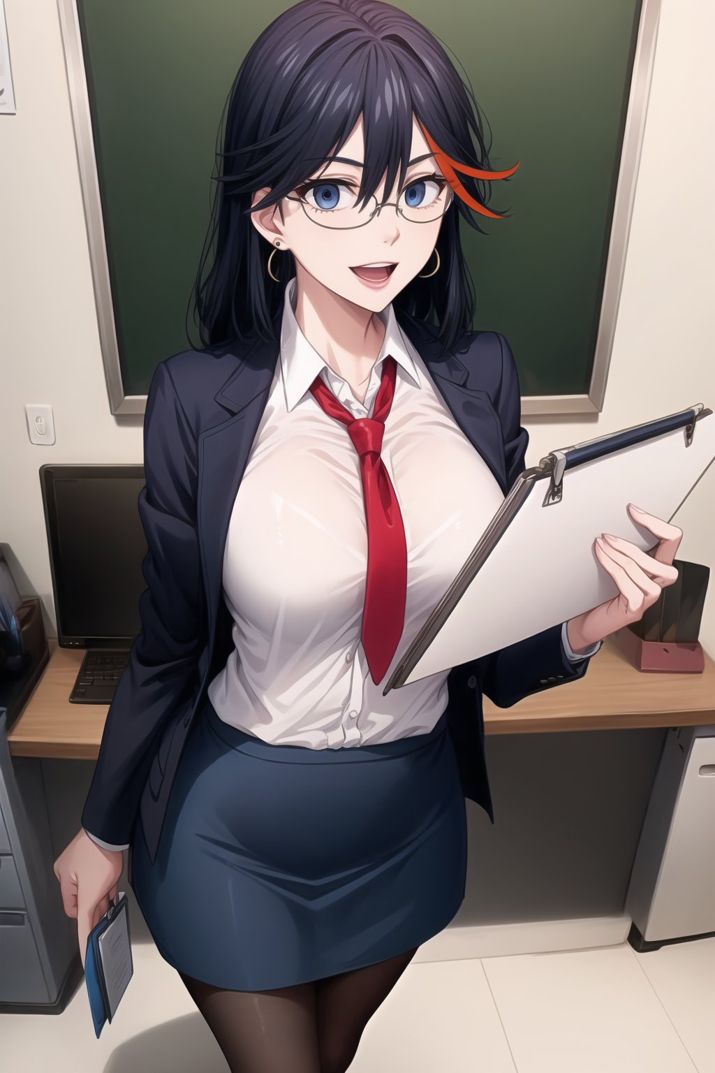 A close-up shot of Ryuuko Matoi, long hair:1.2, the SKS Office Lady, stands expressionless with empty eyes, her lips subtly parted as if in a state of subtle hypnosis. glasses, skirt, pantyhose, earrings, multicolored hair, blue eyes, pencil skirt, adjusting eyewear, black hair, blue skirt, chalkboard, open mouth, teacher, paper, necktie, jewelry, red-framed eyewear, bespectacled, long hair, red hair, two-tone hair, white legwear, semi-rimless eyewear, under-rim eyewear, shoes, standing, desk, blue footwear, office lady, smile, lanyard, streaked hair, clipboard,  shirt. In formal attire, she exudes professionalism.