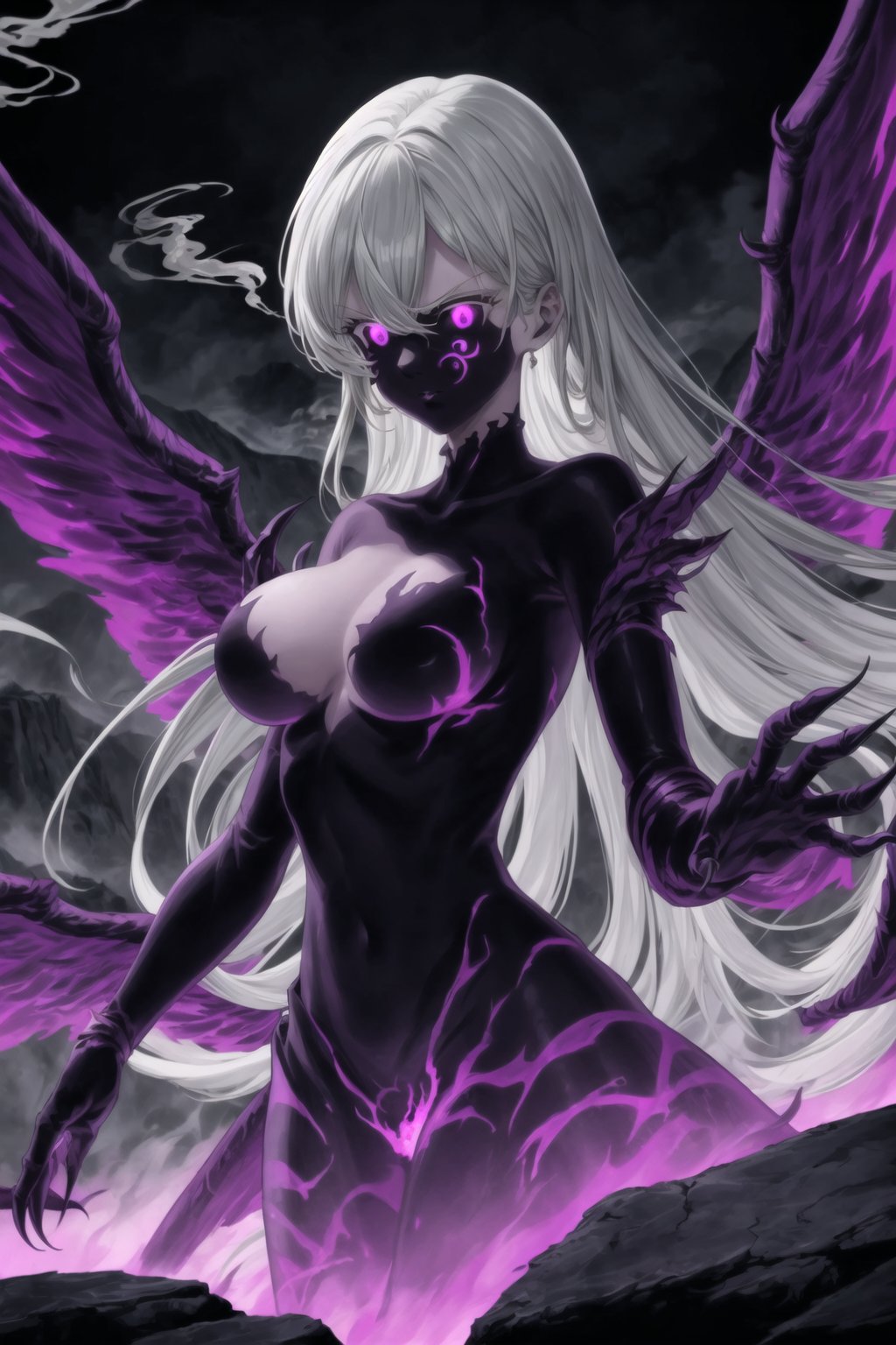 monochrome,greyscale,(tattoo,facial mark,aura,glowing,bodypaint,smoke,dark aura:1.2),1girl,long hair,medium breasts,black hair,angry,purple eyes,wings,claws,looking at viewer,nude,censored,armor,convenient censoring,Elizabeth, black hair, lips, ruler of hell, stands as a malevolent dictator, her long hair flowing like darkness itself, gradient from white to dark, framing her cold gaze. Her elaborate gown, adorned with sinister symbols and glowing red accents, reflects her dominance and cruelty. The background features a hellish landscape: rivers of lava, jagged rocks, tormented souls, and dark clouds with lightning. Eerie, red and black glows illuminate the scene, capturing the dark and oppressive atmosphere of her dominion.