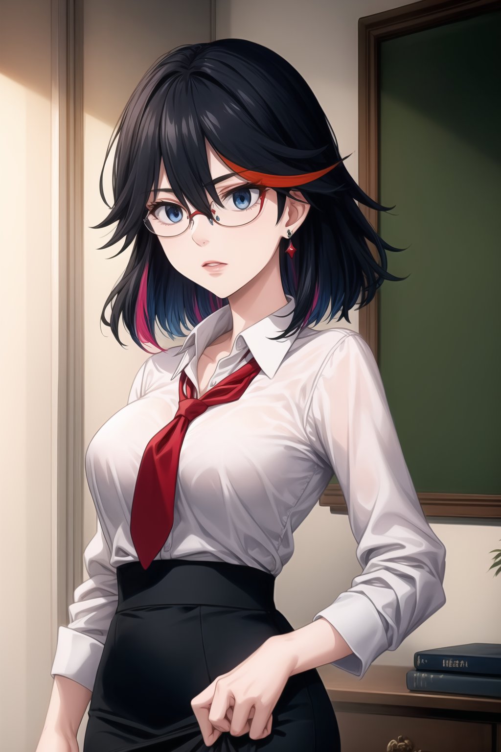 Ryuuko Matoi, the SKS Office Lady, stands stoic in a close-up shot. Her long, multicolored hair, while her blue eyes appear empty and expressionless. The subtle parting of her lips gives an air of subtle hypnosis. She wears glasses with red frames, a pencil skirt, pantyhose, earrings, and a necktie, exuding professionalism in formal attire. Her black hair streaked with red hues falls just above her shoulders, framing her bespectacled face.