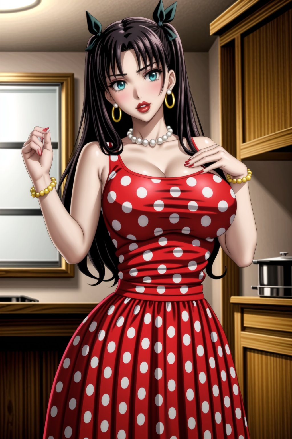 ((best quality)),  ((highly detailed)),  masterpiece,1girl, 1girl,  seductive smile, solo,   (Stepford),lips, makeup, lipstick,red lips, (pose),(polka dot:1.4), (polka dot dress:1.4),(pearl necklace:1.2), pearl bracelet, bare shoulders,(red dress:1.2),aroused, blush ,standing,  (large pearl necklace), (hoop earrings:1.2), looking at viewer, standing, cowboy shot, kitchen, cooking, indoors, house, windows, cortain, food,rin tohsaka, aqua eyes, black hair, hair ribbon, long hair, ribbon, sidelocks, two side up, (parted bangs:1.2),b1mb0,<lora:659111690174031528:1.0>