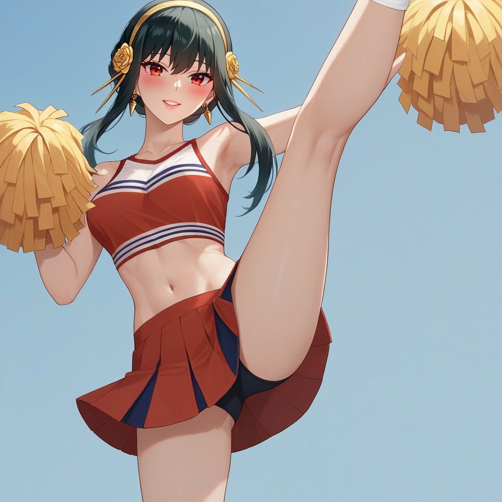 score_9, score_8_up, score_7_up, source_anime BREAK 1girl, solo, yor briar, black hair, short hair with long locks, bangs, red eyes,girl,cute face,clear skin,shiny hair,ultra detailed eyes  jyojifuku, cheerleader, pom pom \(cheerleading\),leg up, navel, skirt