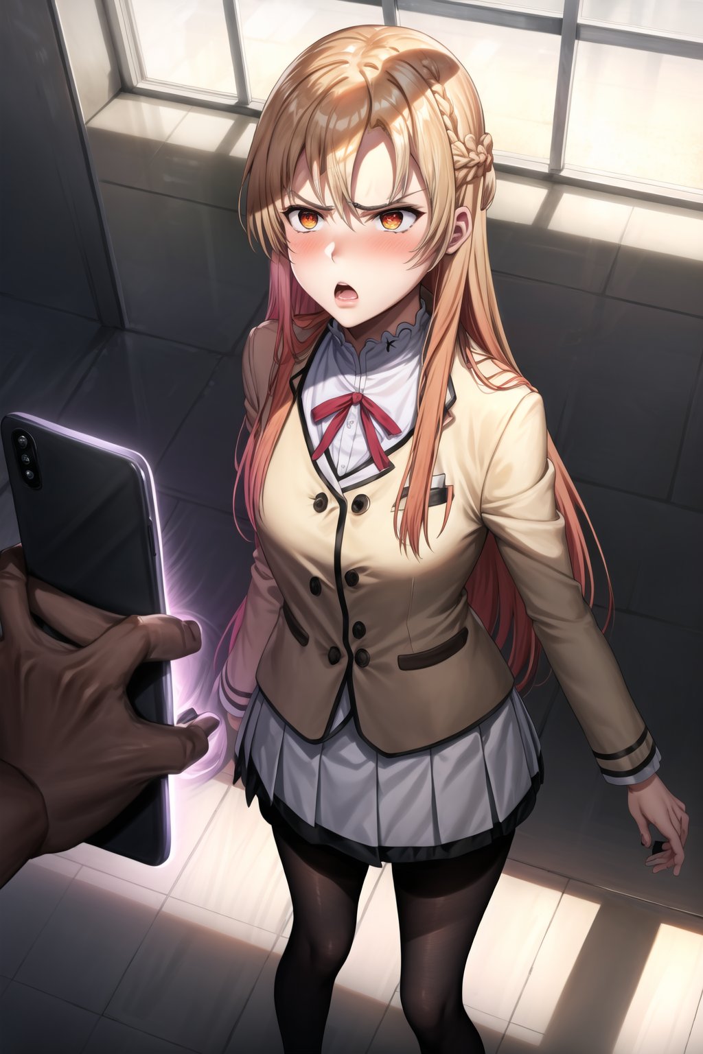  (mind_control:1.2), (beautiful_hands), (perfect_hands),  (backPhone:1.2),1girl, solo, asuna yuuki,  long hair, french braid, orange hair, angry expression, furrowed brows, lips, open mouth, angry, 
,school uniform, standing in hallway, slight blush of frustration, hallway with background students looking over, bright afternoon sunlight, dramatic shadows on floor,b1mb0, looking_at_viewer, looking_at_viewer